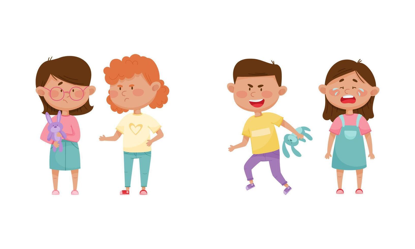 Warring Boy and Girl Taking Toy Hare Away from Crying Girl Agemate Set vector