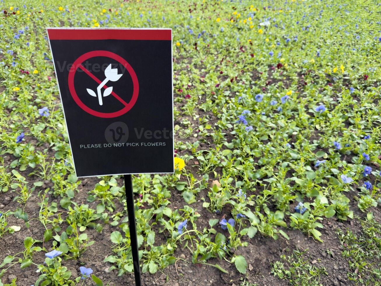 Clear symbolic sign with crossed out flower against a vivid field illustrates effective visual communication in public spaces, promoting intuitive rule following in urban parks photo