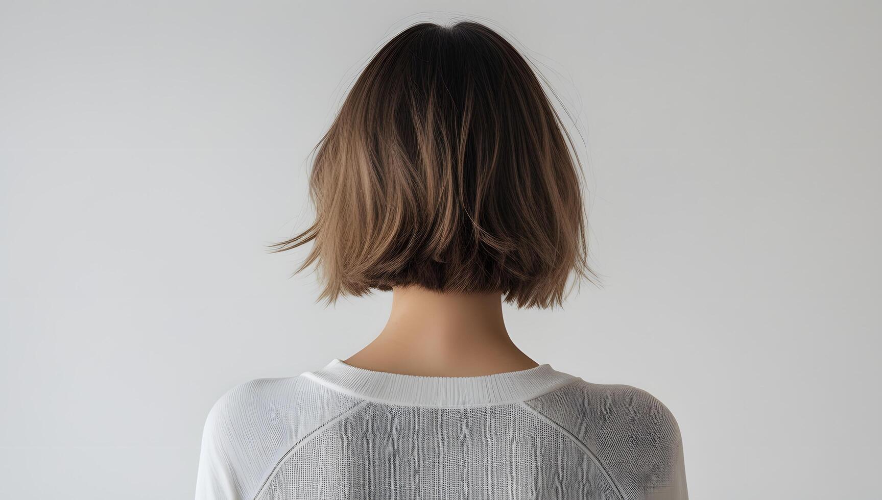 Short hair. Rear portrait of a woman with neat short hair, featured on a pure white background, great for health, beauty, or minimal aesthetic projects. photo
