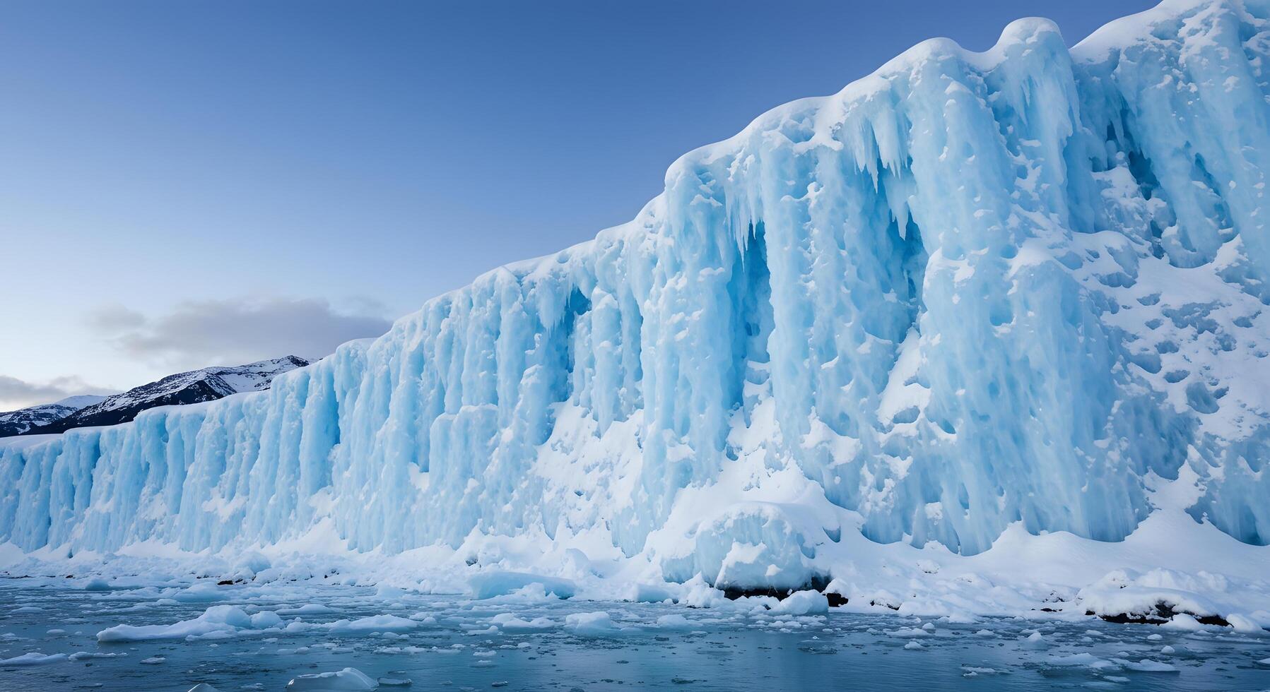 Ice wall. Tall frozen ice cliff with detailed surface textures, great for 3D modeling, frozen world concepts, or winter-themed visual effects. photo