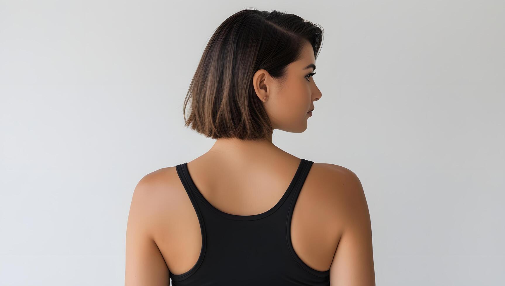 Short hair. Back view of a short haired woman against a white backdrop, ideal for use in lifestyle magazines, haircare advertisements, or modern web design. photo