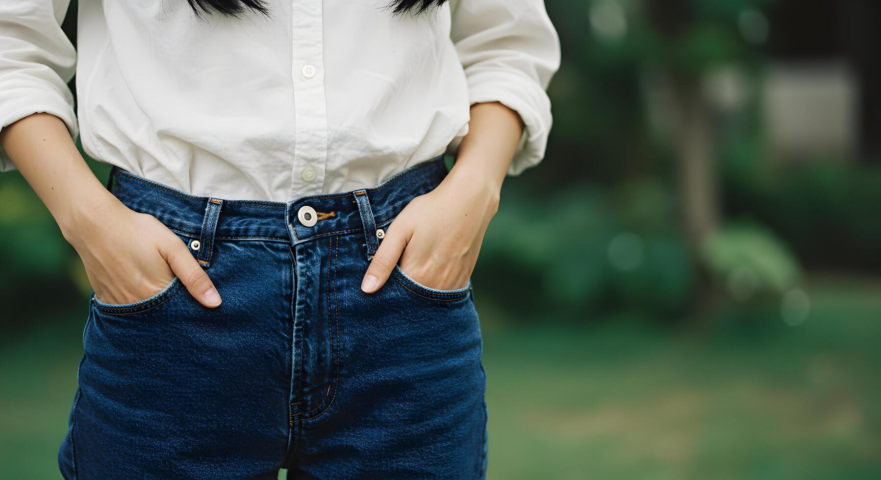 close up photo of woman putting her hands in her pants pocket great for social media posts or web banners.