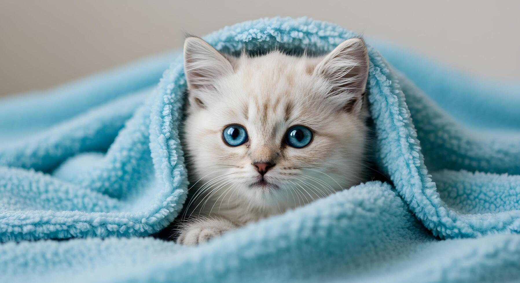 Sweet cat with piercing blue eyes hiding under a blanket fold photo