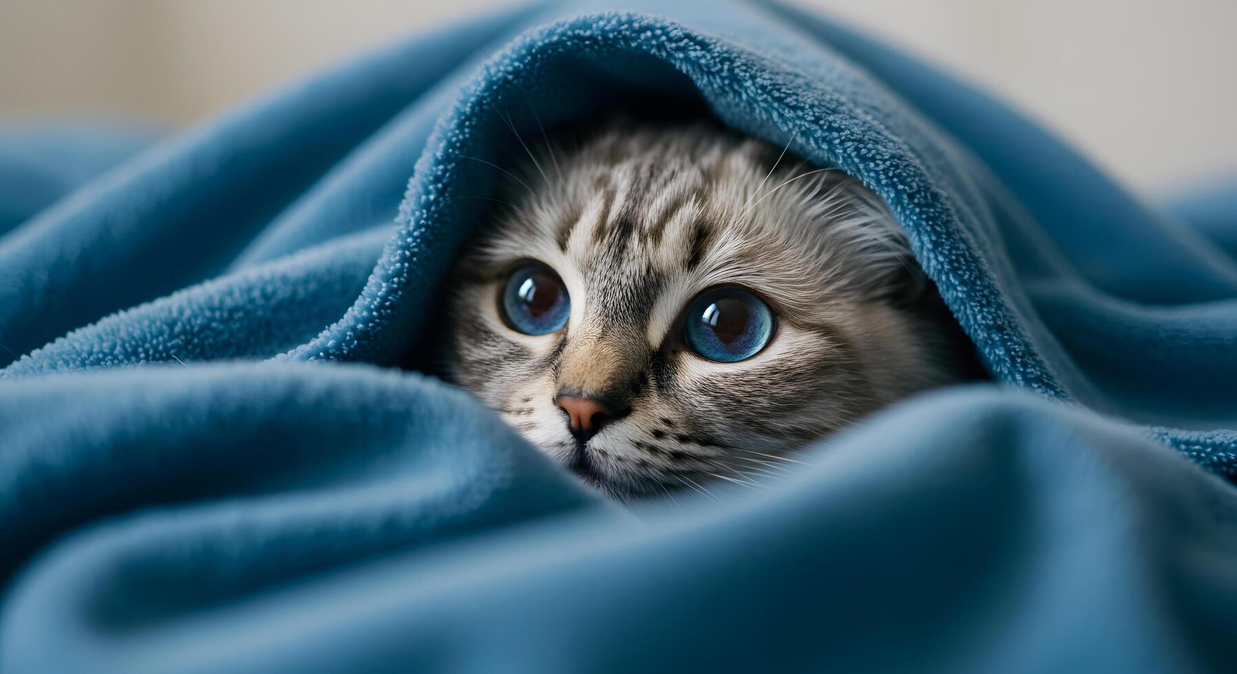 Cozy and cute feline with vivid blue eyes under soft fabric, evoking warmth and playfulness photo