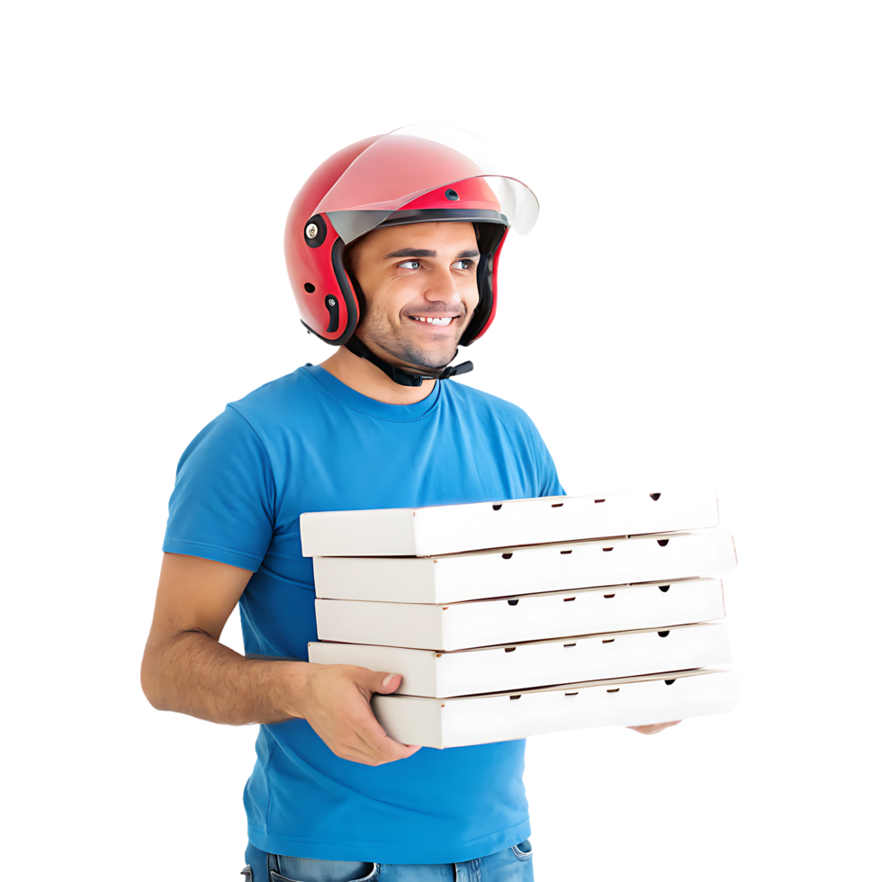 A man wearing a helmet holding three pizza boxes png