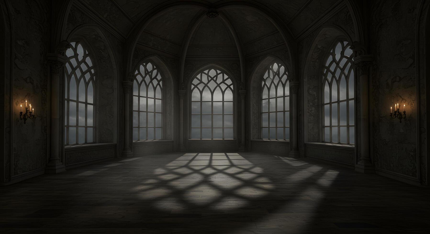 Chapel interior. Mysterious Gothic room bathed in dramatic light and shadow, suited for suspense trailers, dark-themed presentations, or haunted location mockups. photo