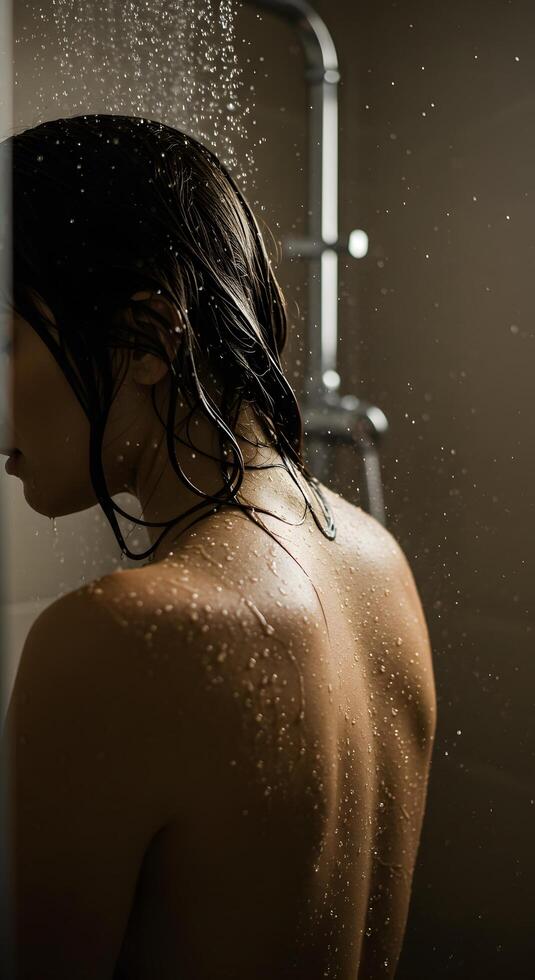 A sensual, moody photo of a woman wet back in the shower, focused on her spine perfect for self-care campaigns or body wash promotions.