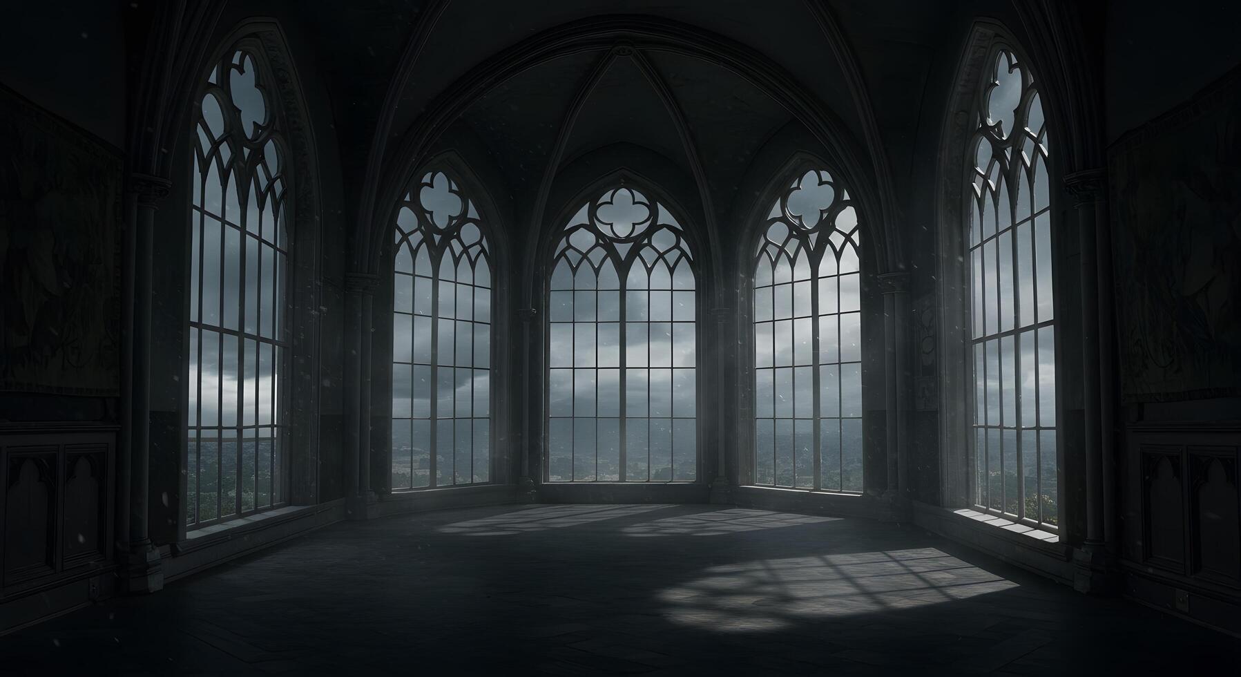 Chapel interior. Dark Gothic-style interior with towering windows and intricate medieval architecture, perfect for fantasy book covers, movie posters, or atmospheric backdrops. photo