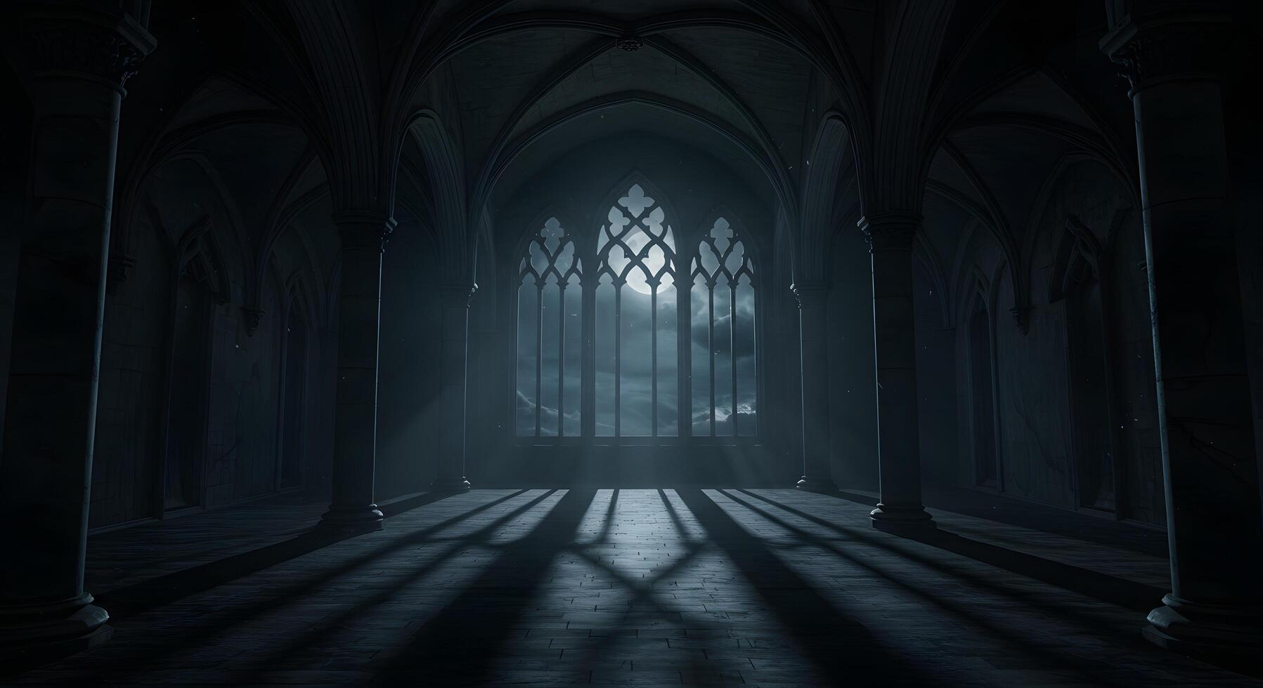 Chapel interior. Large-windowed Gothic hall with stone textures and rich darkness, ideal for spiritual, gothic romance, or horror digital content. photo