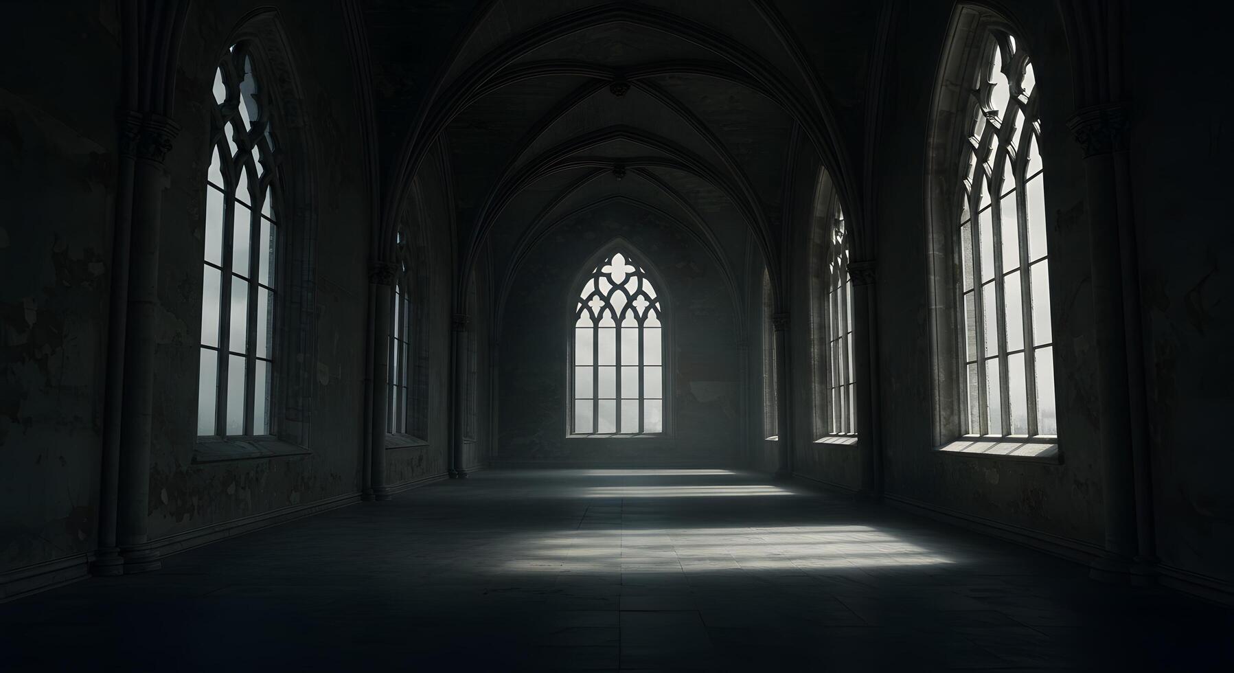 Chapel interior. Moody medieval room interior with an ethereal glow and dramatic structure, great for escape room branding or eerie fantasy settings. photo