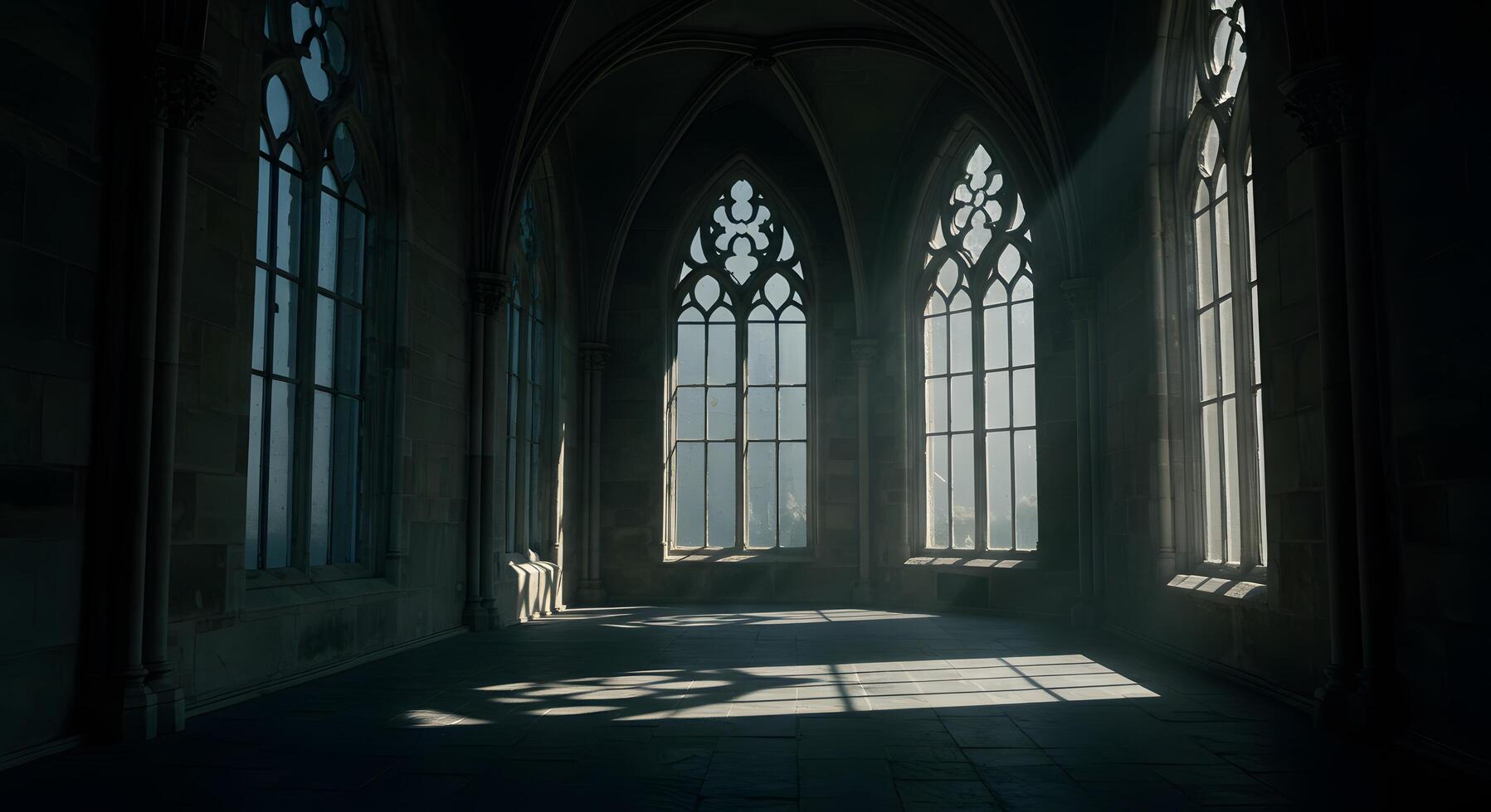 Chapel interior. Empty Gothic hall with deep shadows and stunning architecture, perfect for supernatural narratives, ghost story covers, or gothic history visuals. photo