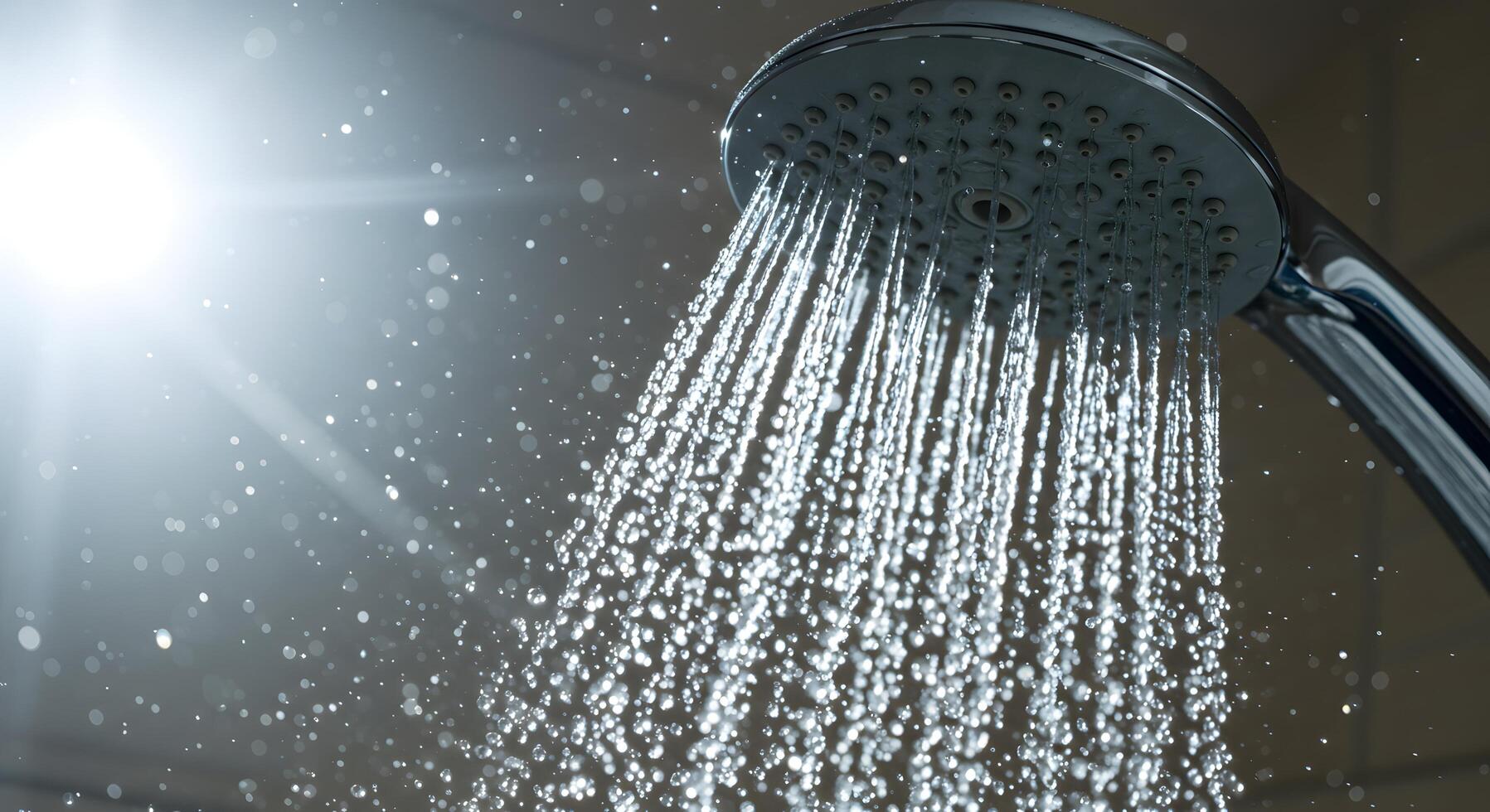 Hot shower, Modern shower head releasing streams of water, isolated in a soft-lit bathroom environment photo