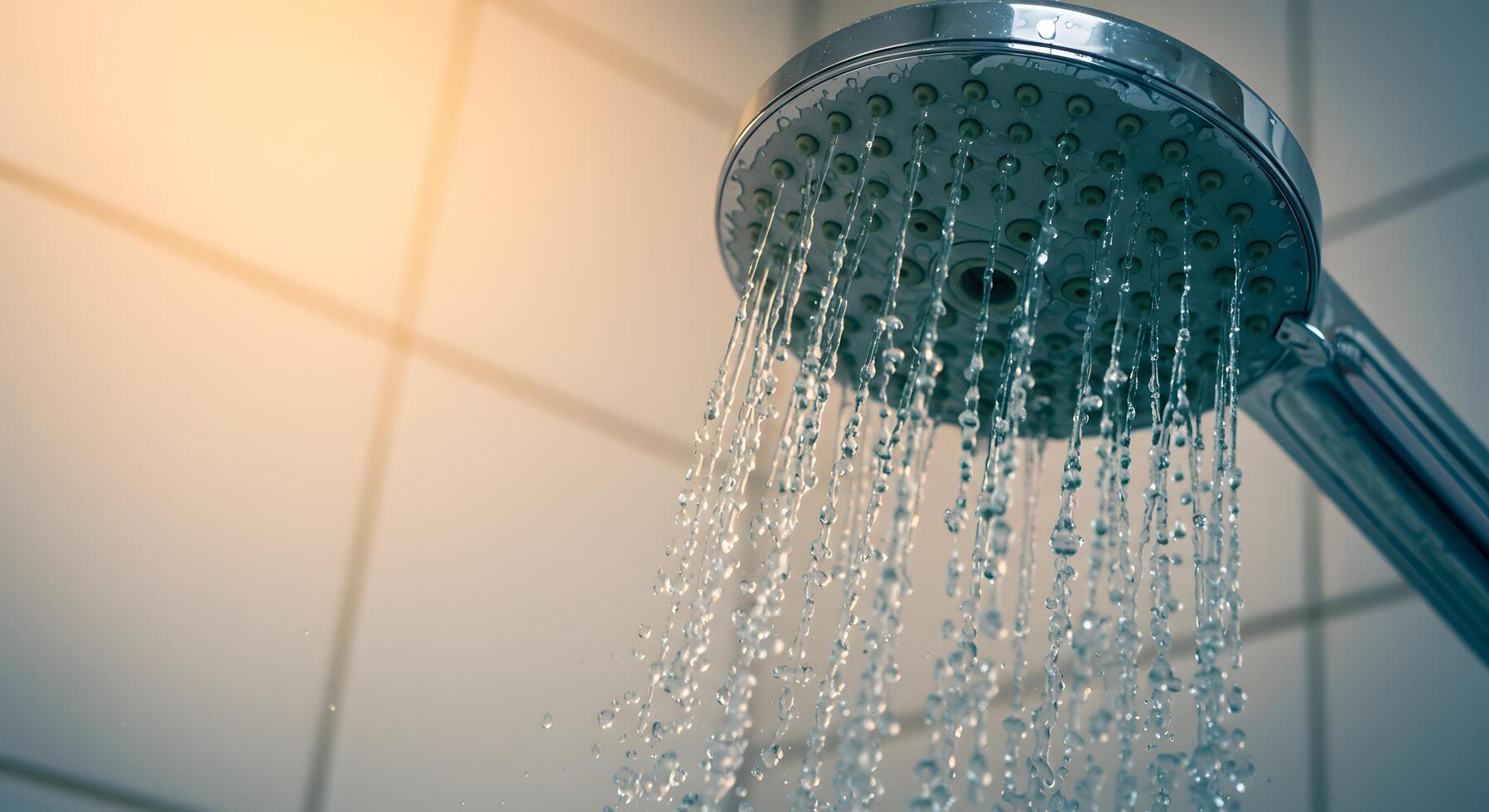 Hot shower, image of water pouring from a sleek chrome shower head, perfect for spa, hygiene, or modern interior concepts in digital and print use. photo