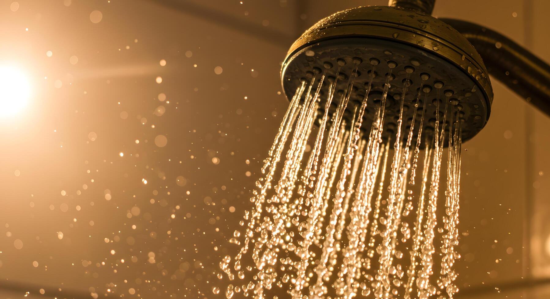 Hot shower, close-up of water flowing from a modern shower head, captured mid-stream with crystal-clear droplets photo