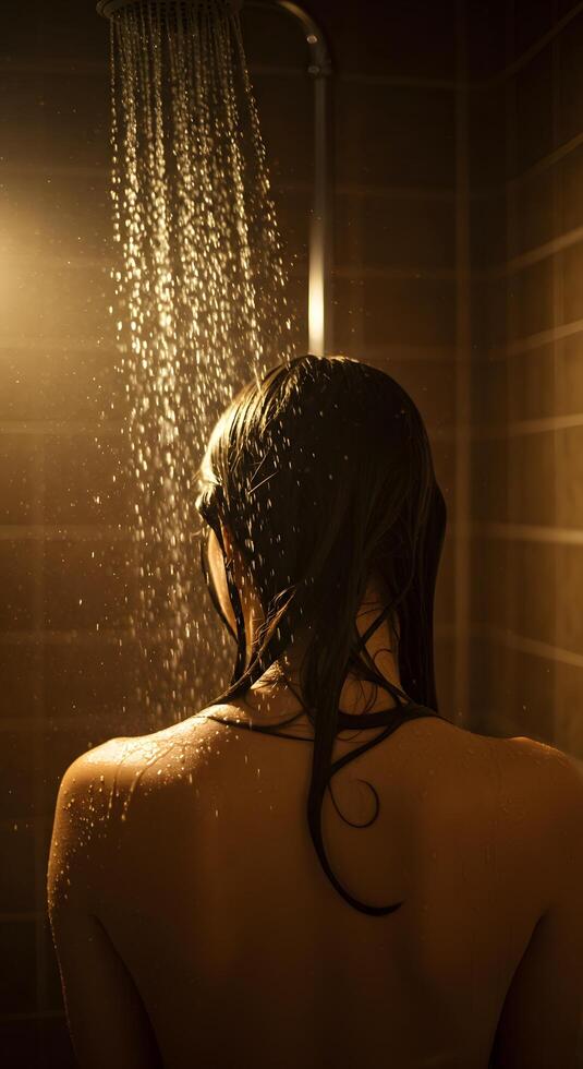 Elegant image of a female back and spine in the shower, with soft blur effect great for minimalist wellness ads, spa brands, or hygiene product visuals. photo