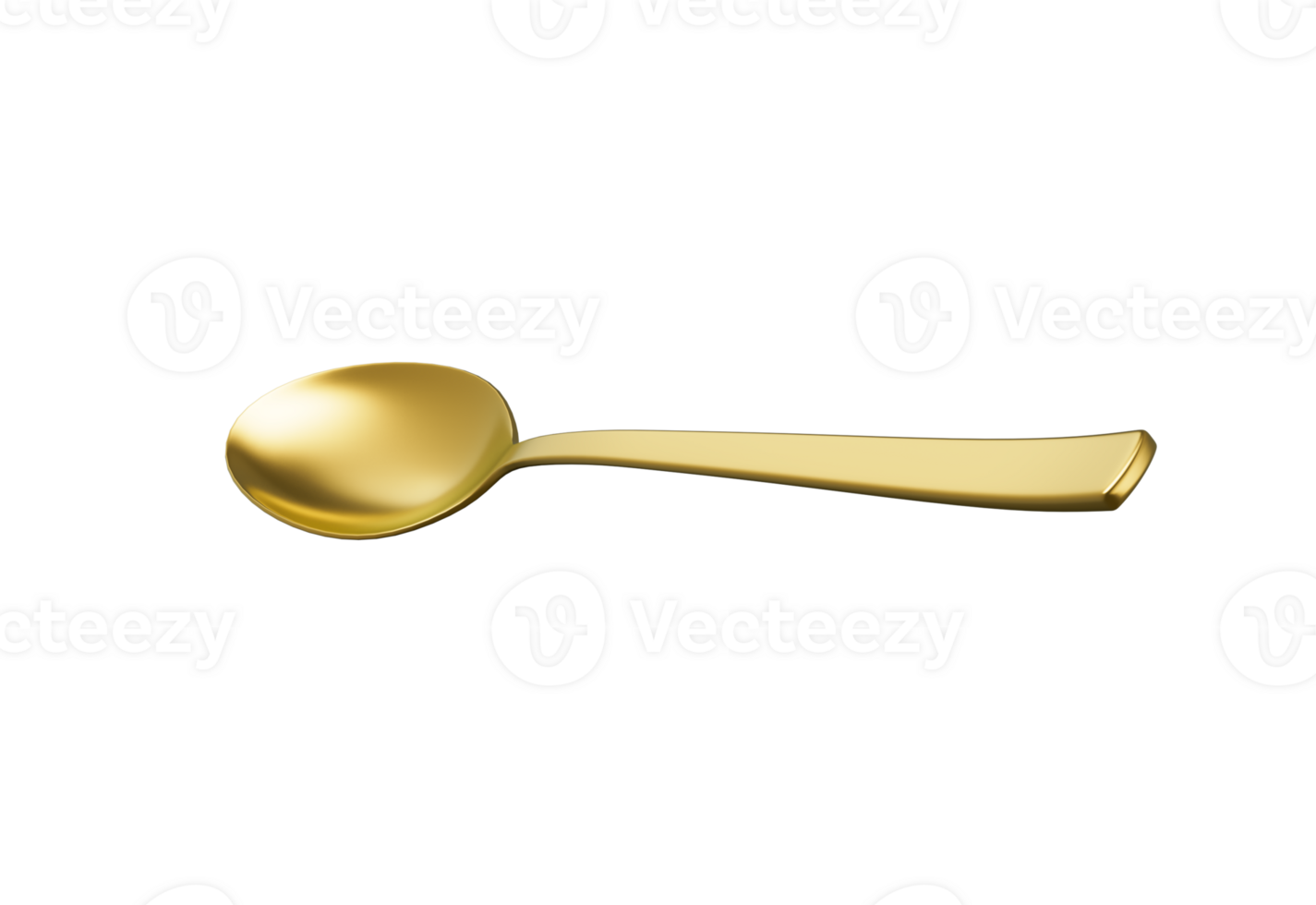 A shiny golden spoon with a reflective surface, slender handle and oval bowl. 3D Illustration. png