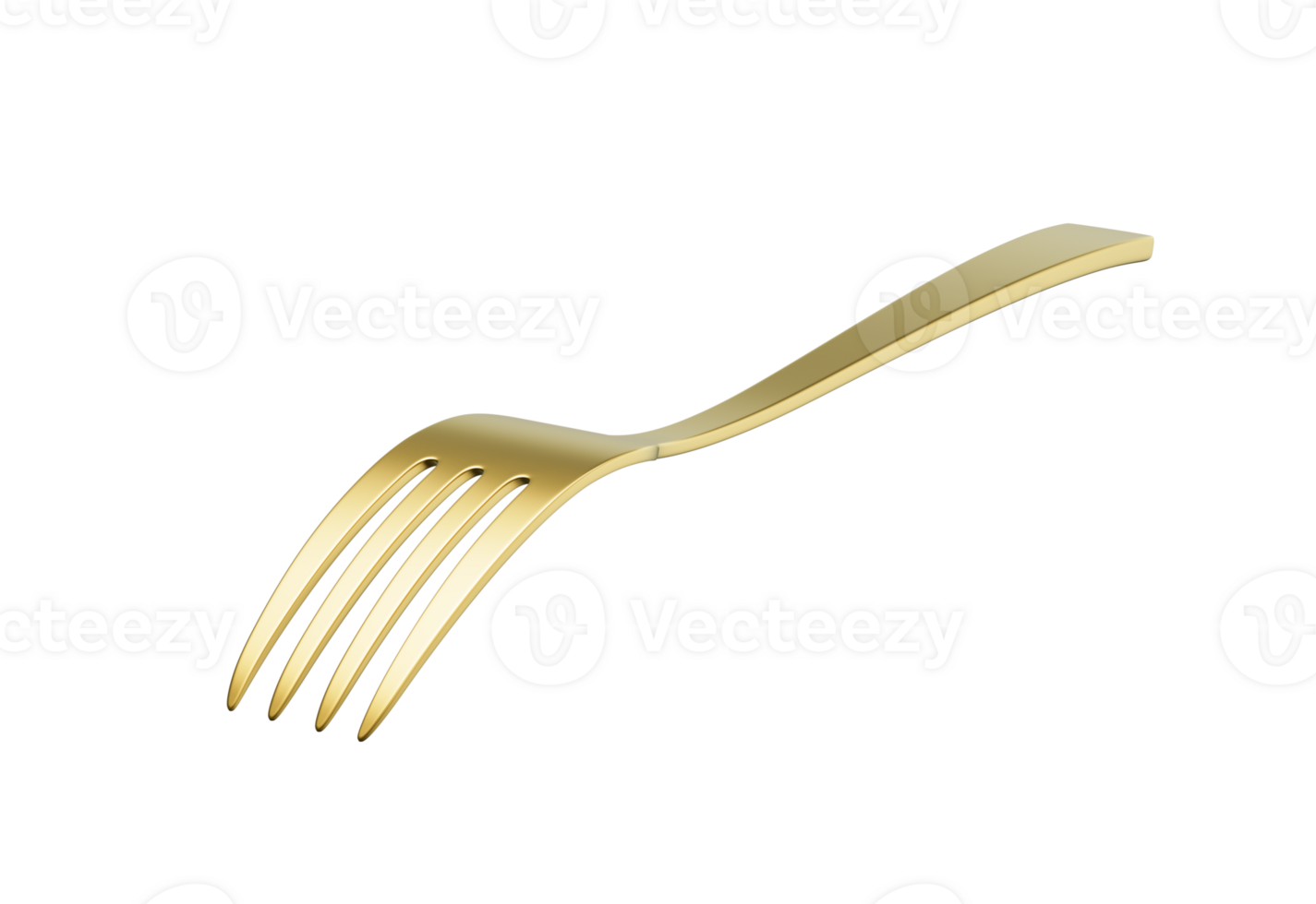 A sleek gold-plated fork with a reflective finish and a slightly curved handle. 3D Illustration png
