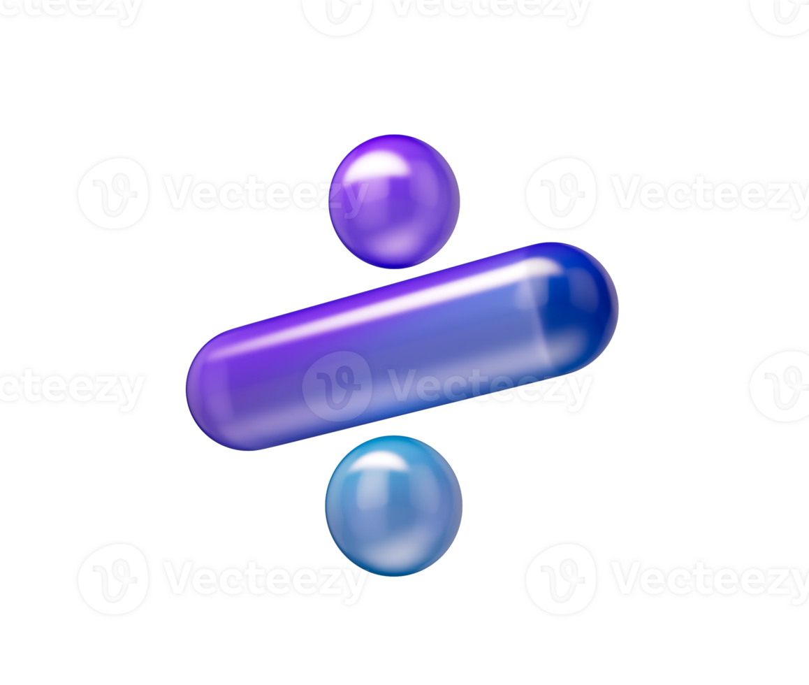 3D Glossy division symbol with a purple-blue gradient, soft reflections and depth. 3D png