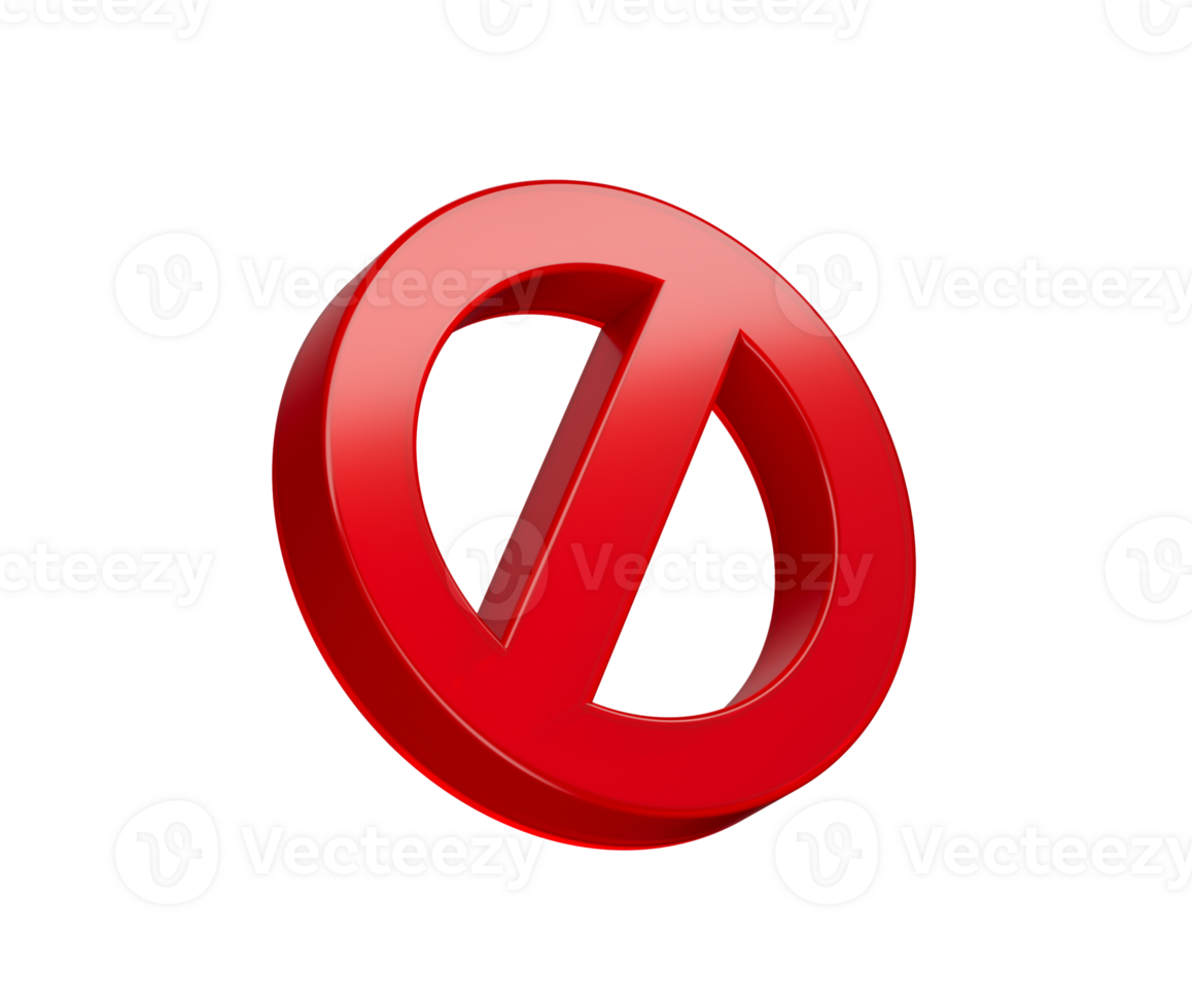 A bold red prohibition icon with a diagonal bar, symbolizing restriction or denial. 3d illustration png