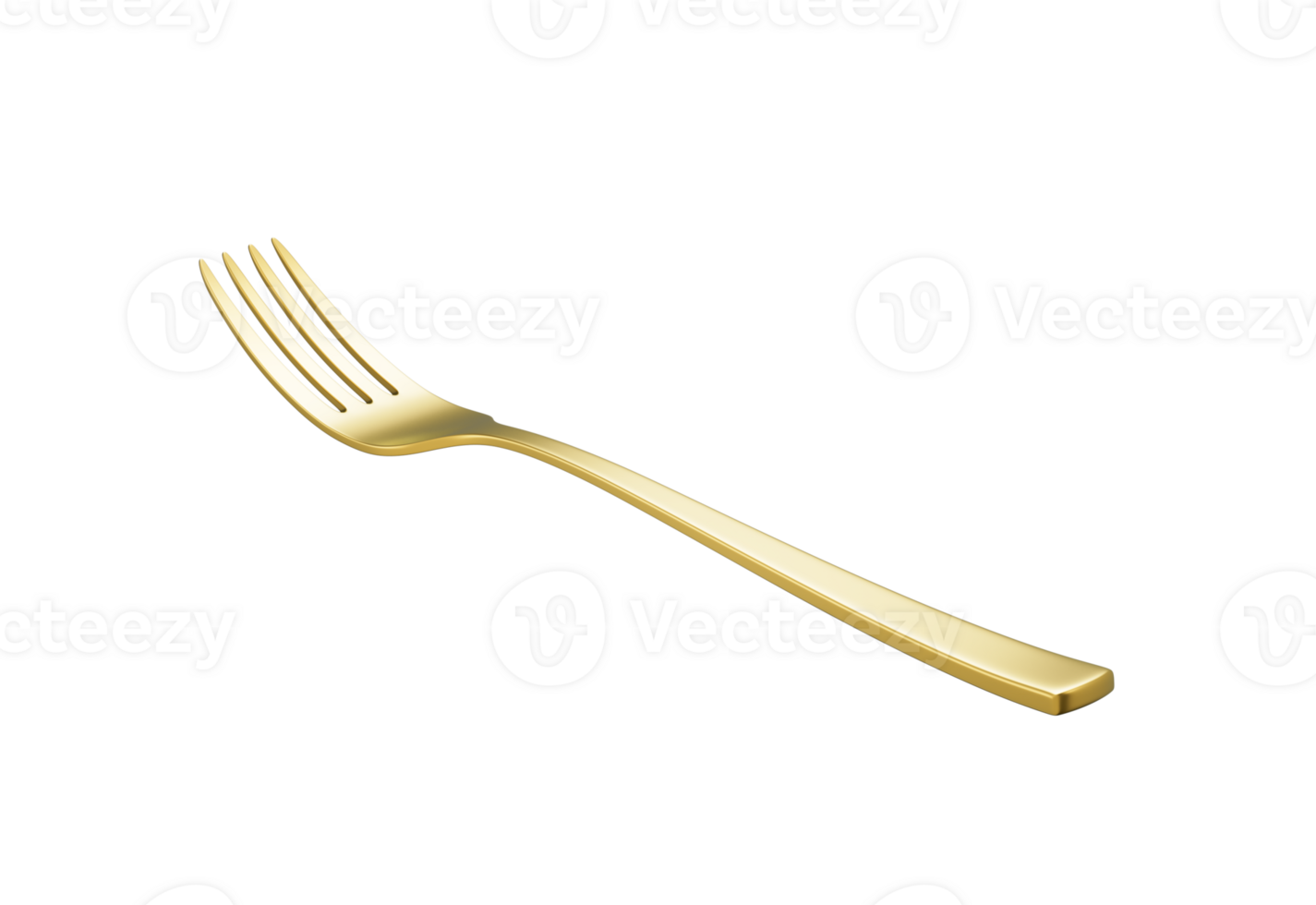 A sleek gold-plated fork with a reflective finish and a slightly curved handle. 3D png