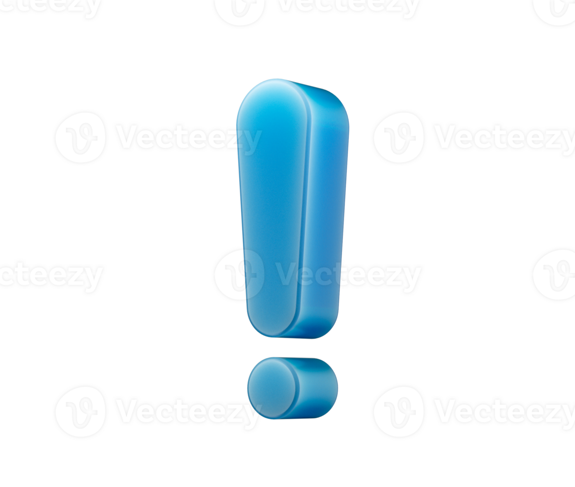 3D Blue exclamation mark with a glossy finish, symbolizing urgency or alertness. 3d illustration png