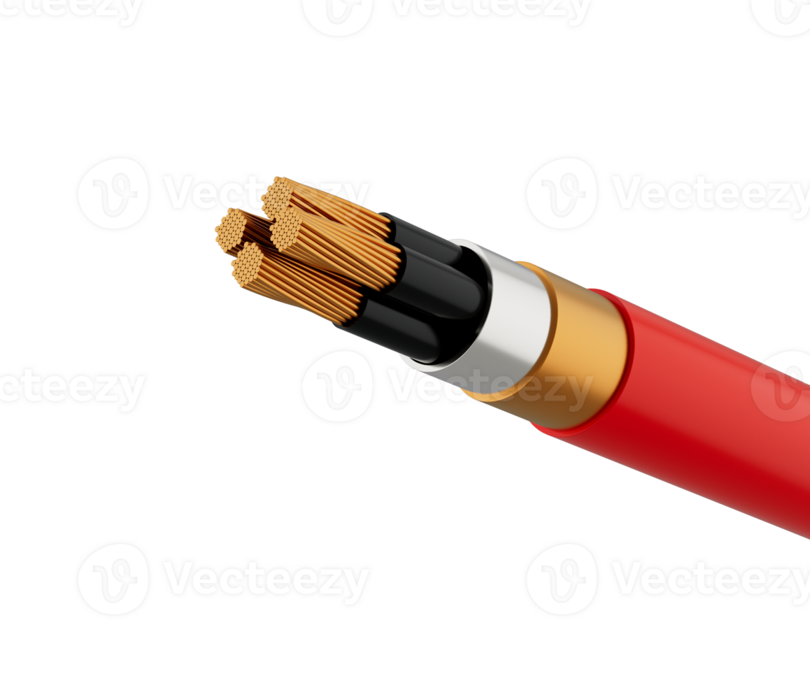 A close up view of a multi stranded electrical cable with a red outer insulation, 3d illustration png
