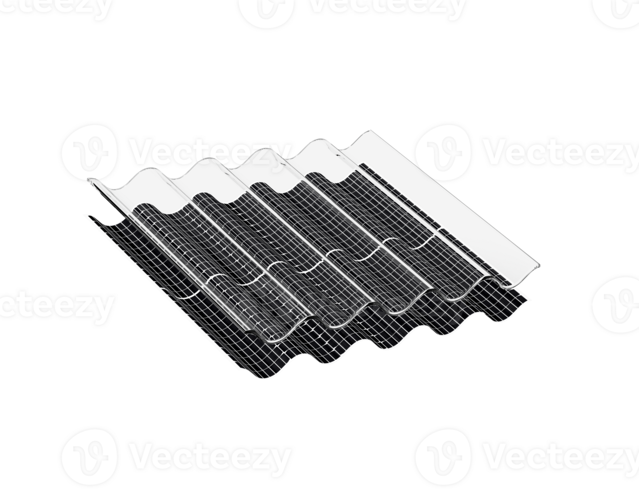 Solar panel system within a wavy, corrugated roofing sheet, 3d illustration png