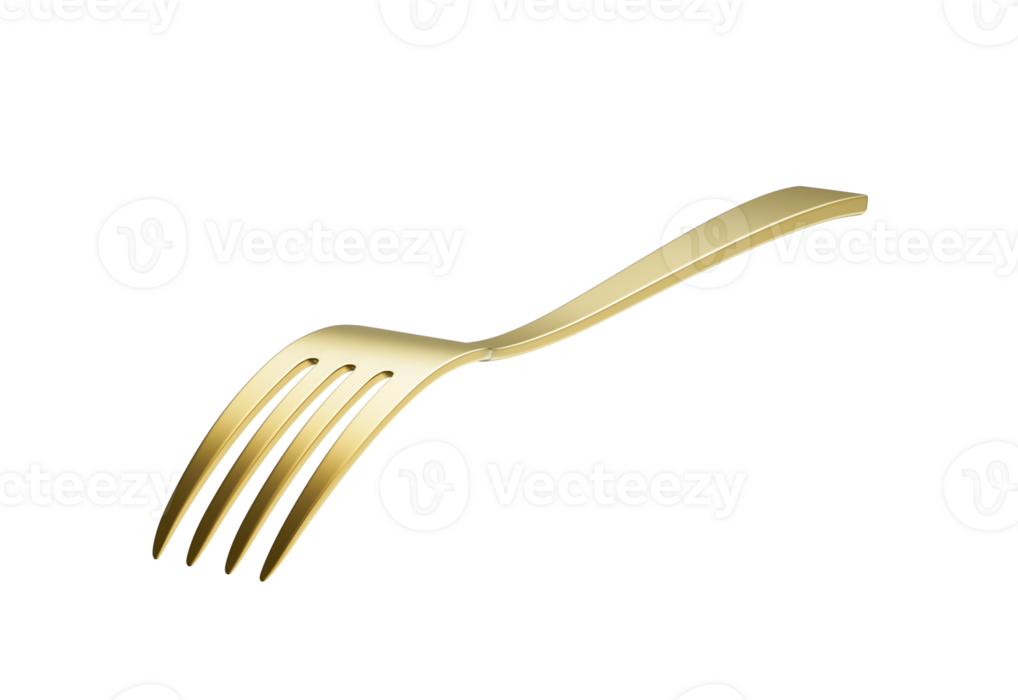 A sleek gold plated fork with a reflective finish and a slightly curved handle. 3D Illustration png