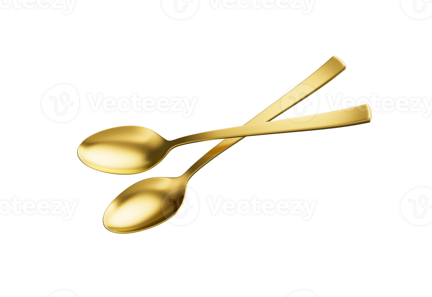 Two golden spoons with a slender handle and oval bowl, elegantly crossed.3d illustration png