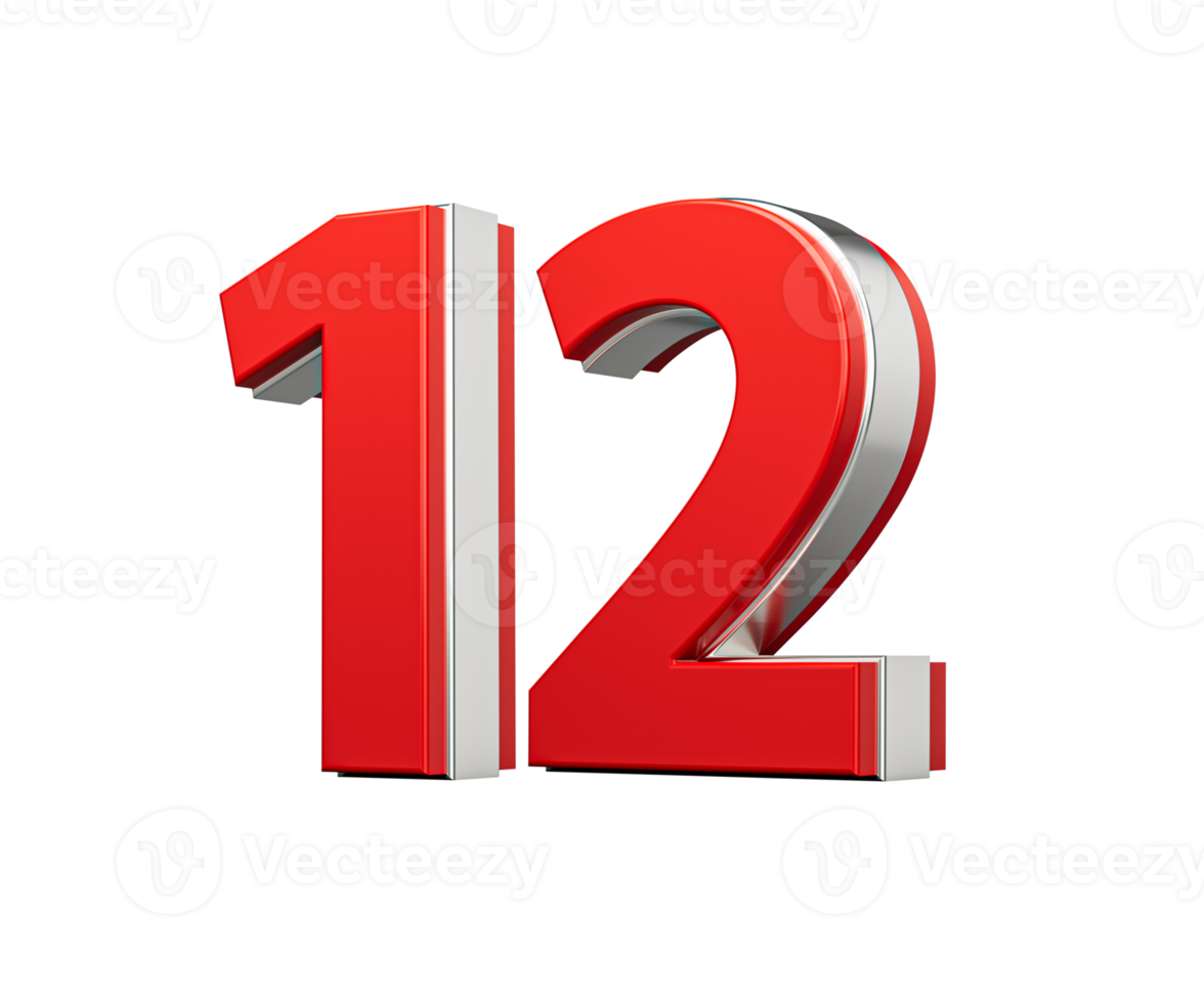 Bold Vibrant Red Number Twelve Number 12 With Metallic On White Background 3D Illustration png