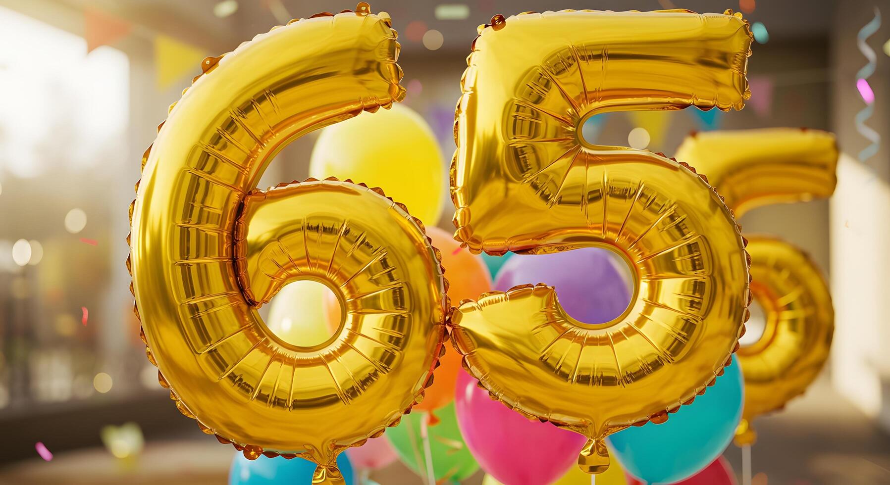 65th Birthday, Cheerful image of gold foil number balloons with celebratory colors, great for ecommerce banners, anniversary promotions, or social birthday templates. photo