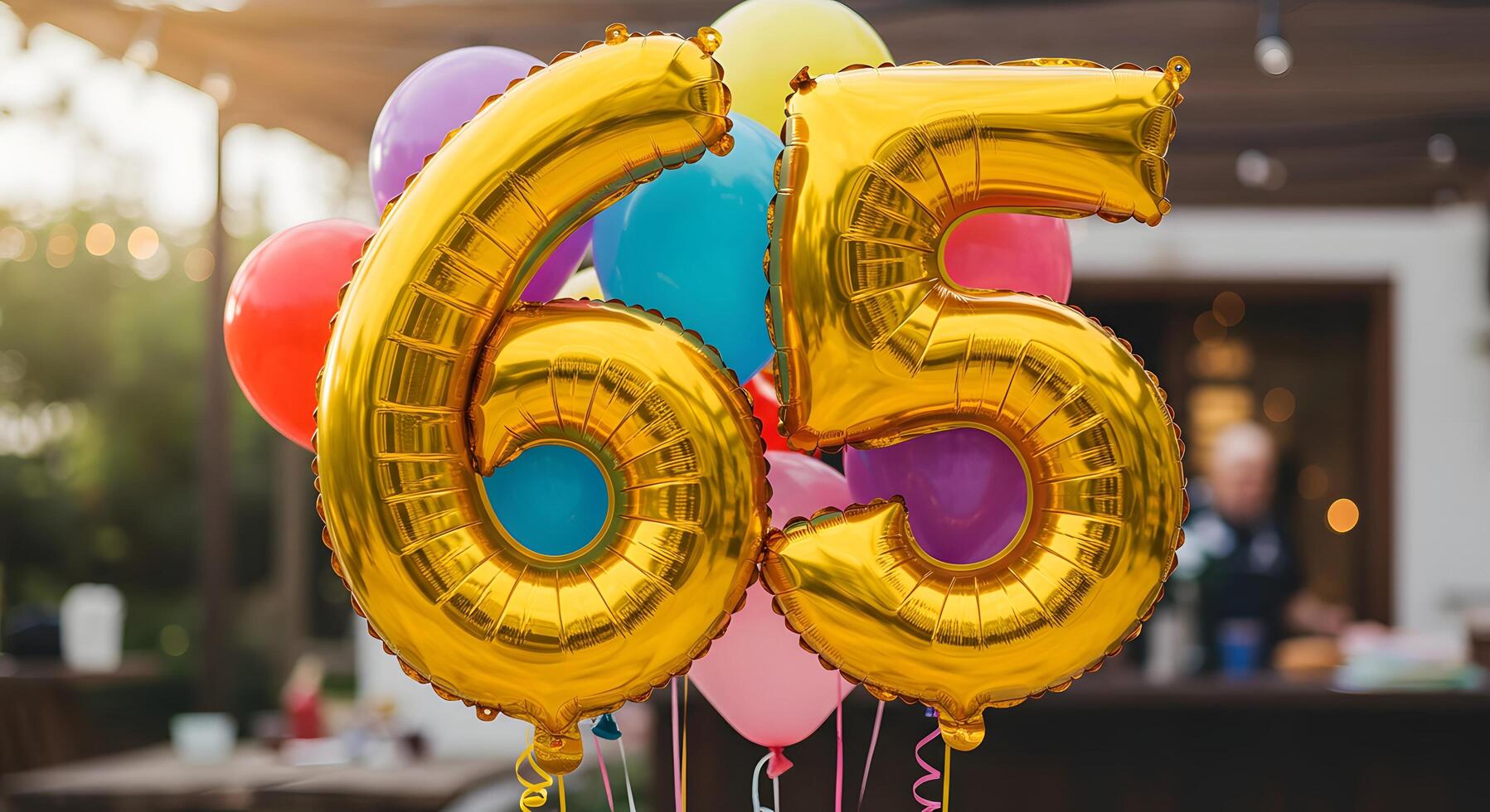 65th Birthday, Gold foil number balloons floating among confetti and vibrant decorations, great for party flyers, event social media posts, or greeting card designs. photo