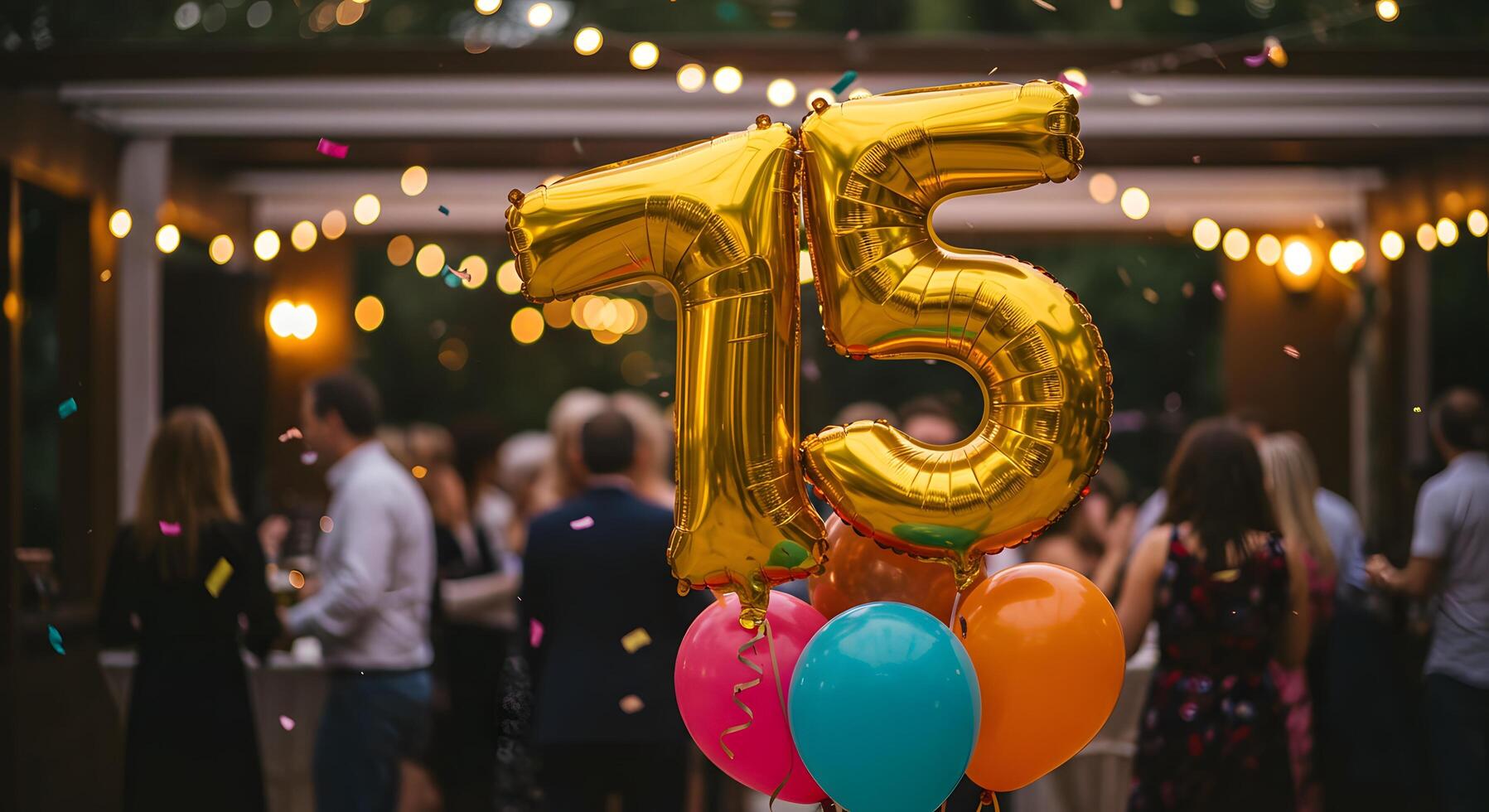 75th Birthday, Metallic gold balloons shaped like numbers with bright festive elements, perfect for highlighting special dates in celebration campaigns or marketing visuals. photo