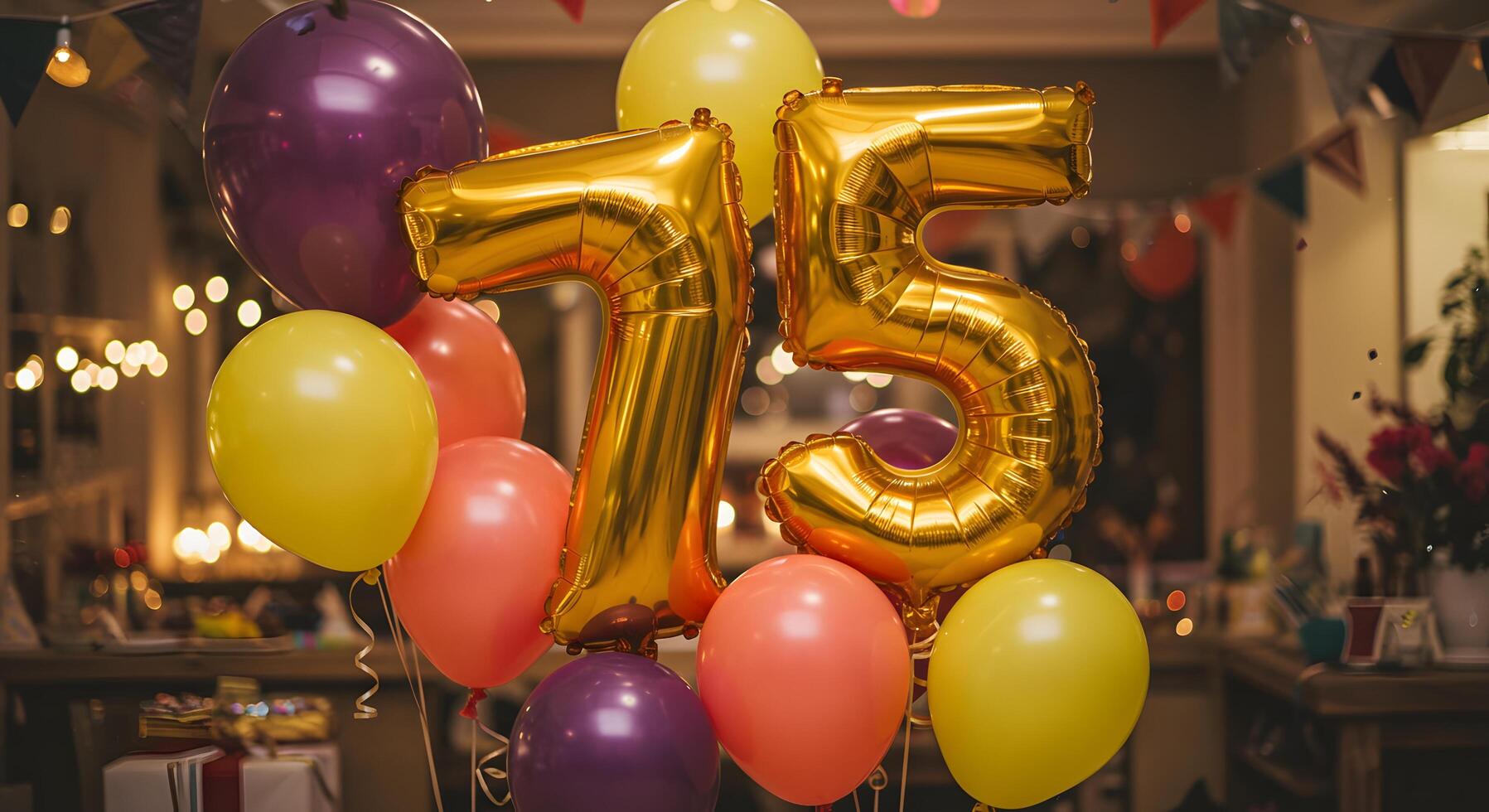 75th Birthday, Elegant gold number balloons in a colorful party setting, suitable for invitations, digital party templates, and birthday content on social platforms. photo