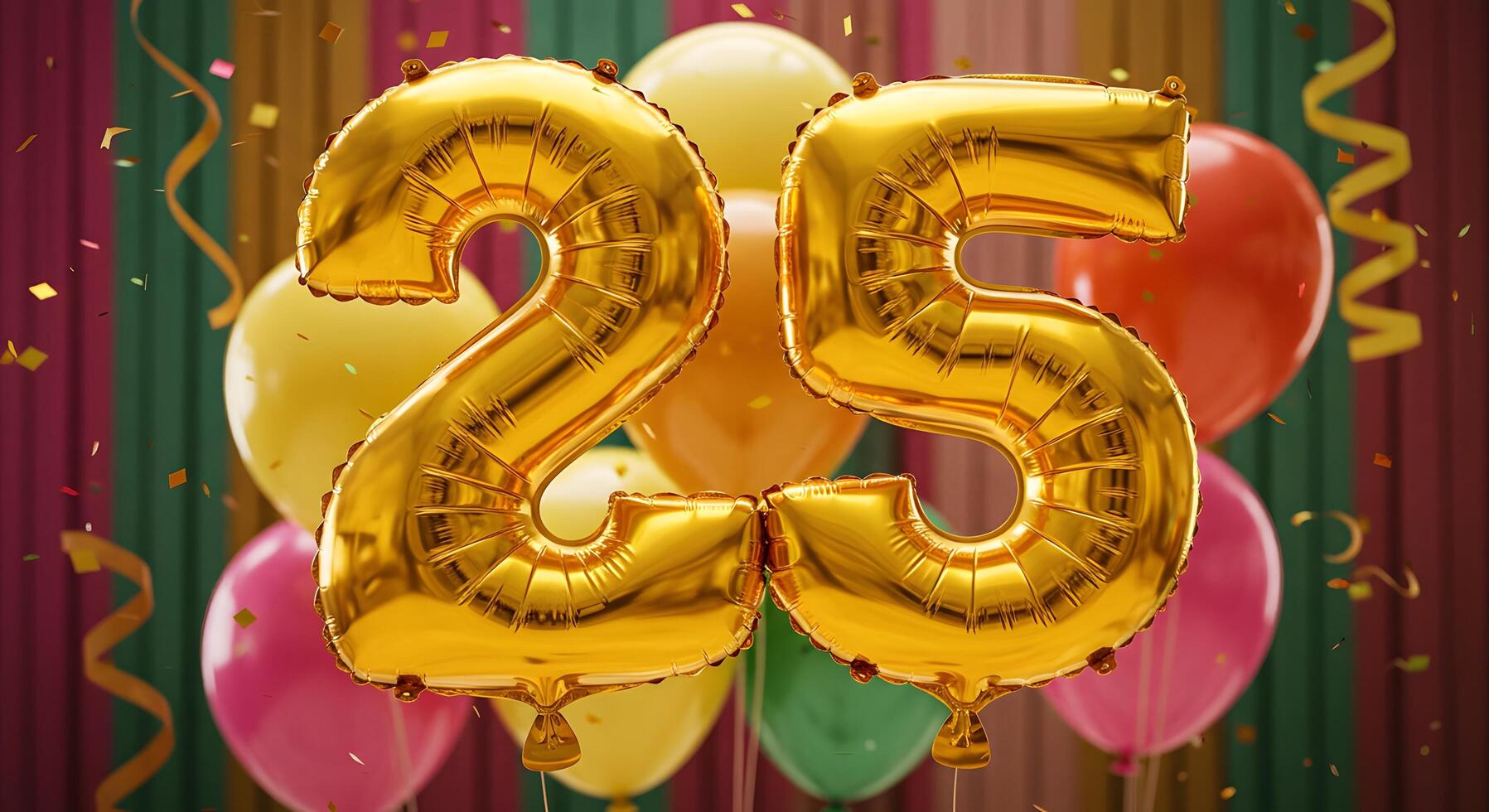 25th Birthday, Metallic gold balloons shaped like numbers with bright festive elements, perfect for highlighting special dates in celebration campaigns or marketing visuals. photo