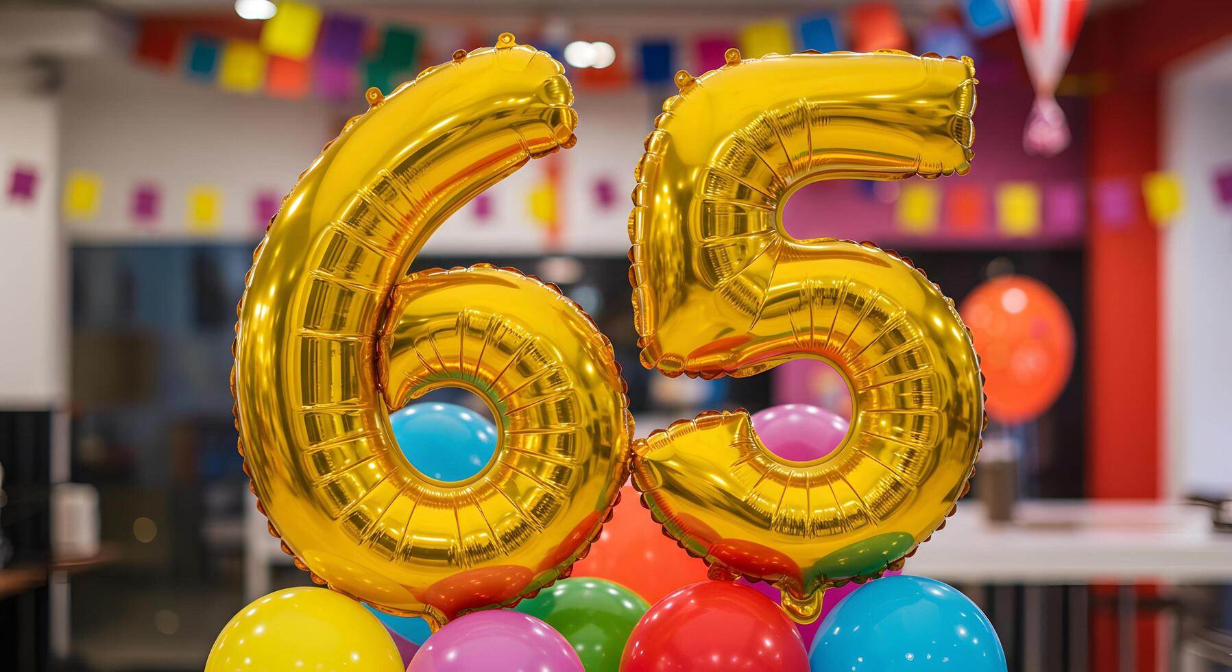 65th Birthday, Shiny gold number balloons surrounded by festive colorful decor, perfect for birthday or anniversary designs, party invitations, or celebration-themed graphics. photo