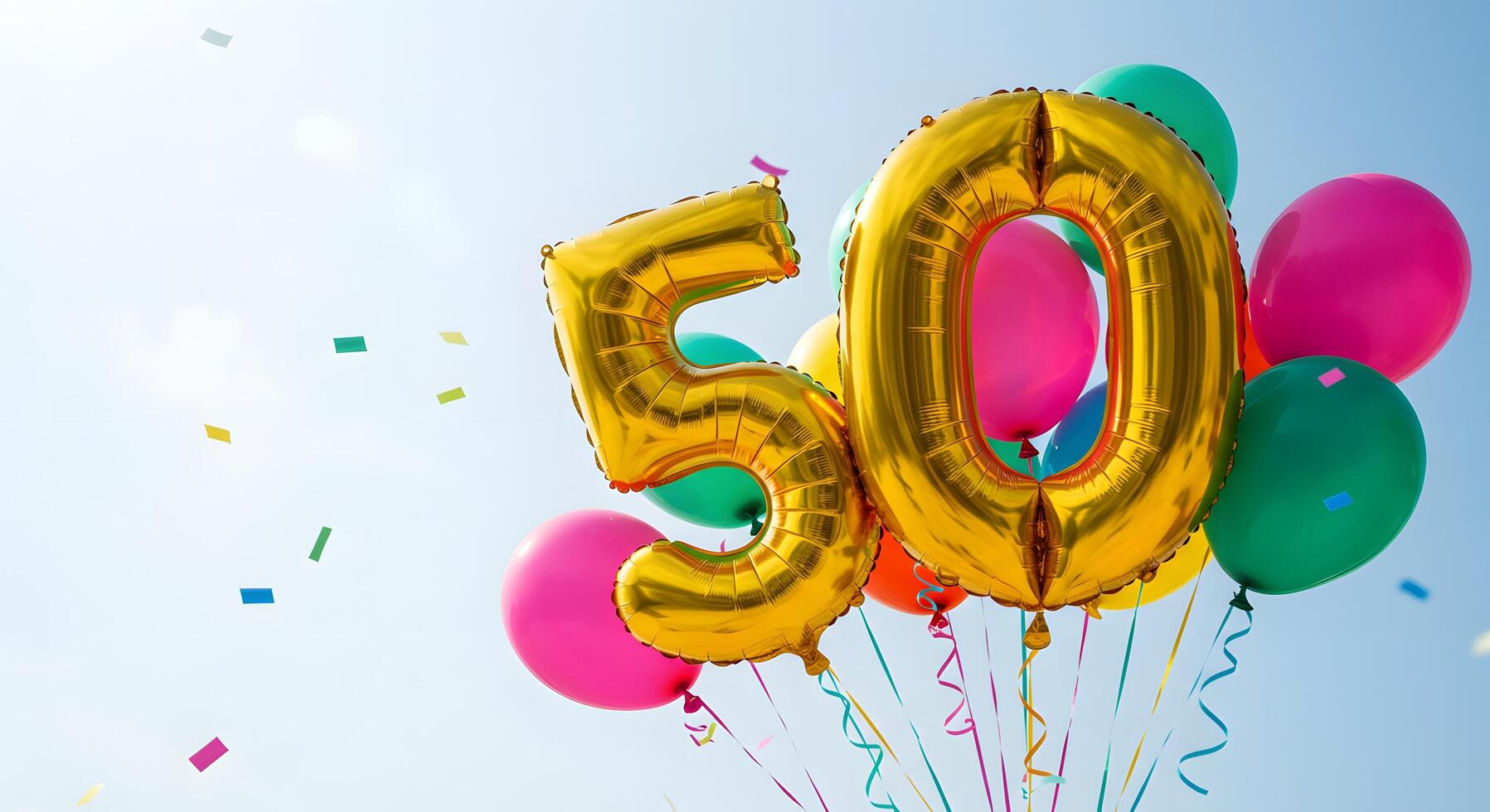 50th Birthday, Festive layout with metallic gold number balloons and colorful accents, ideal for printables, digital party invites, or milestone achievement posts. photo