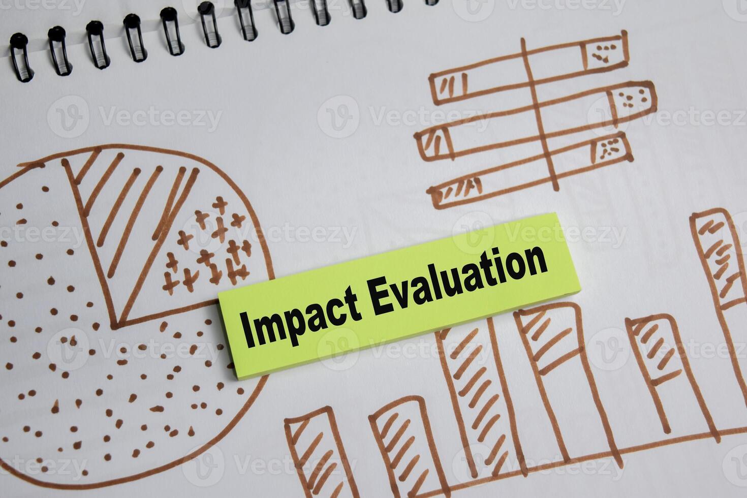 Concept of Impact evaluation and charts write on sticky notes isolated on Wooden Table. photo