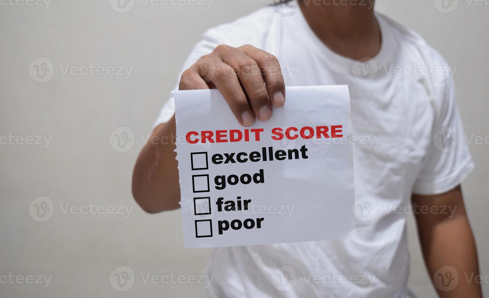 young man showing a signboard with different ranges of the credit score - excellent, good, fair, and poor photo