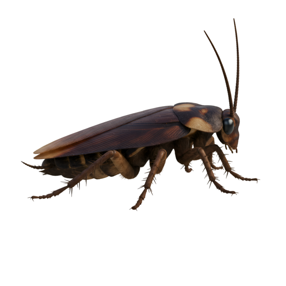 A cockroach with brown wings and long antennae standing on a plain surface in a studio shot view on transparent background png