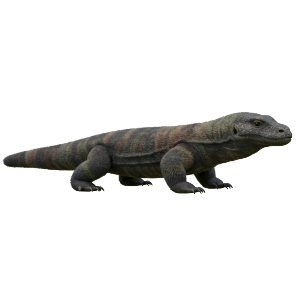 A large komodo dragon standing on a surface with a neutral color scheme and a long striped tail on transparent background png