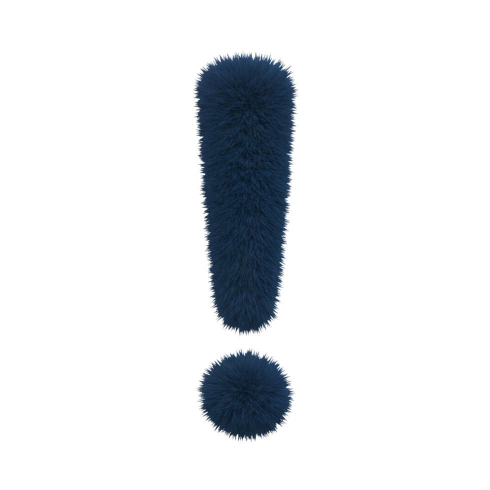 A fluffy exclamation point in navy blue color isolated against a plain colored simple backdrop scene on transparent background png
