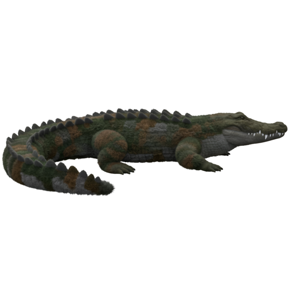 A full body view of a crocodile with mottled green and brown skin resting in a neutral setting on transparent background png