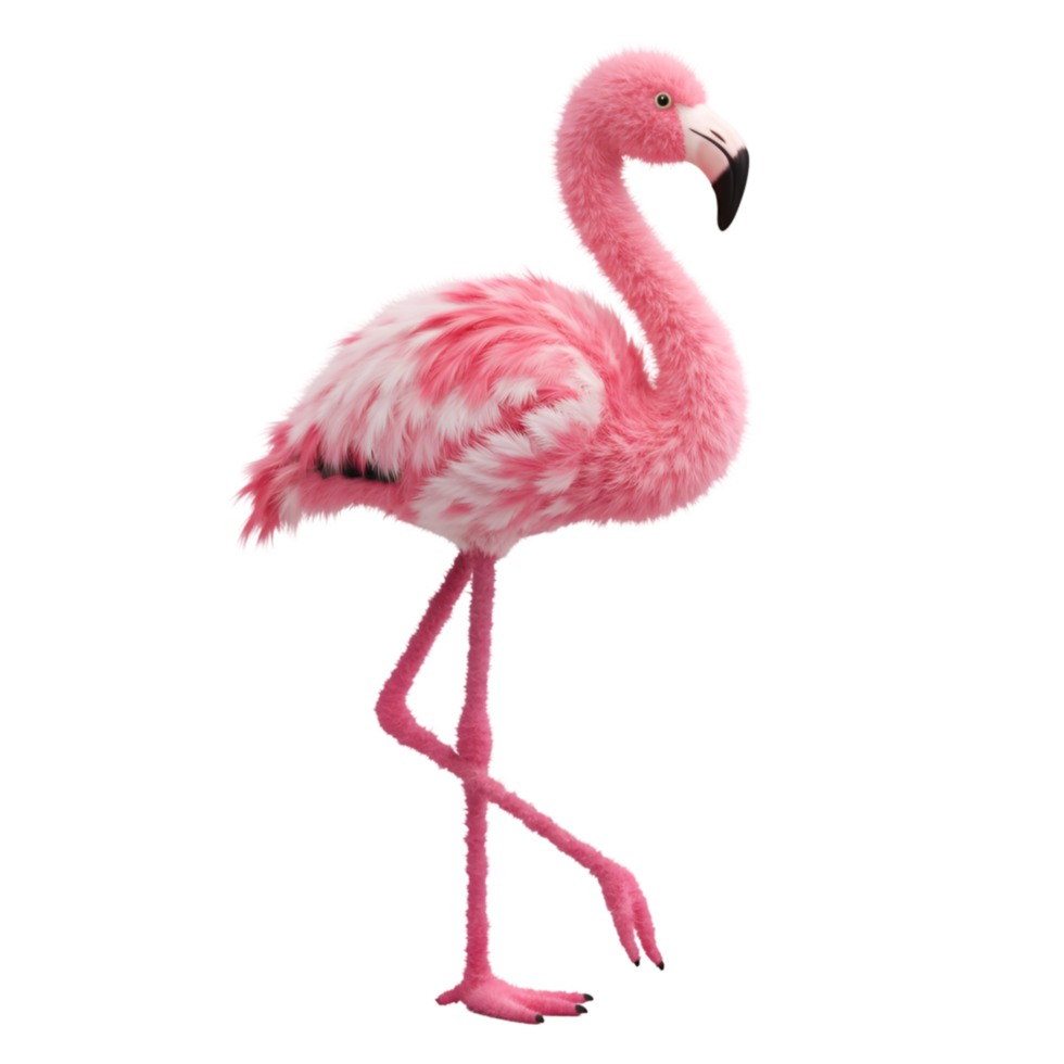 A single pink flamingo standing gracefully on its slender legs against a plain setting space here now on transparent background png