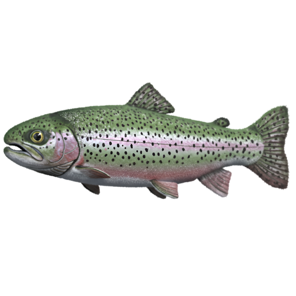 Isolated full view of a rainbow trout with green and pink coloration on a plain setting on transparent background png