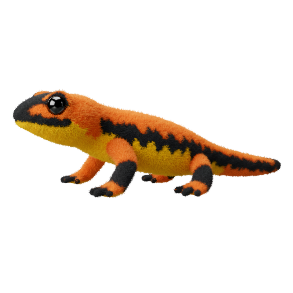 A salamander with orange and yellow body and stripes is standing on a plane surface isolated view on transparent background png