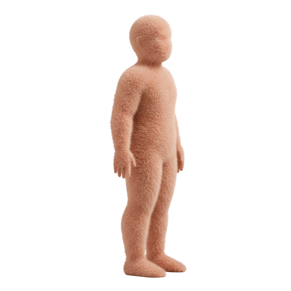 Fuzzy humanoid figure standing in profile with a neutral expression and a plain, soft texture all over on transparent background png