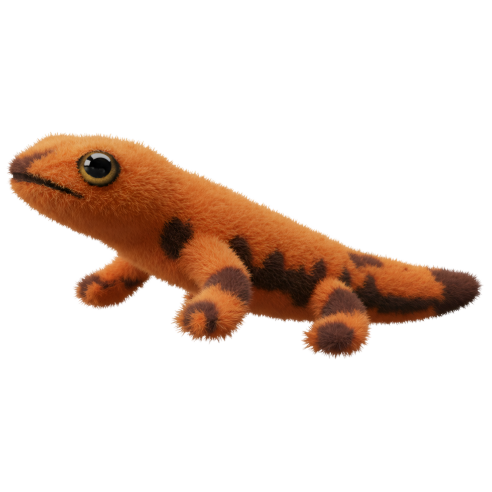 Close up of an orange salamander plush toy with spots on a plain surface isolated in studio shot on transparent background png