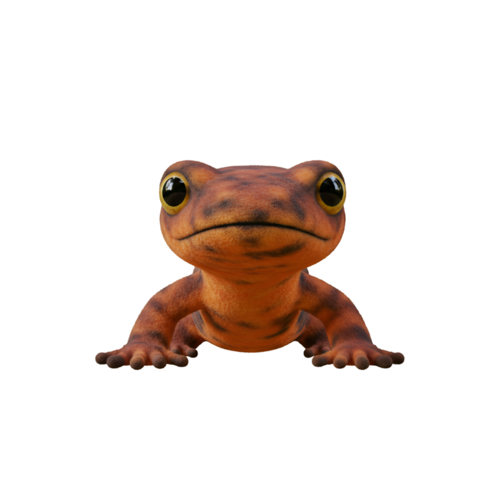 Close up view of a newt with orange skin and big round eyes looking directly at the viewer in a studio shot on transparent background png