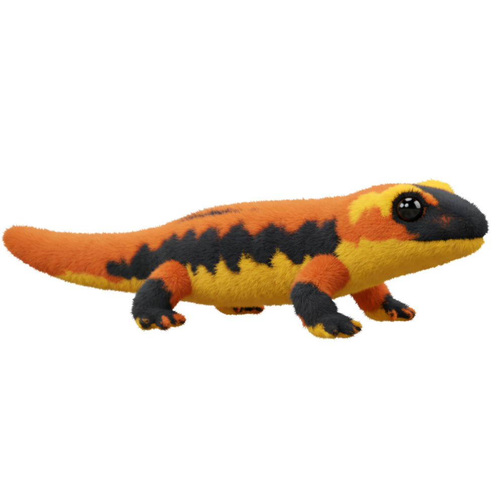 A fire salamander plush toy with orange and yellow body on a plain studio setting view isolated on transparent background png